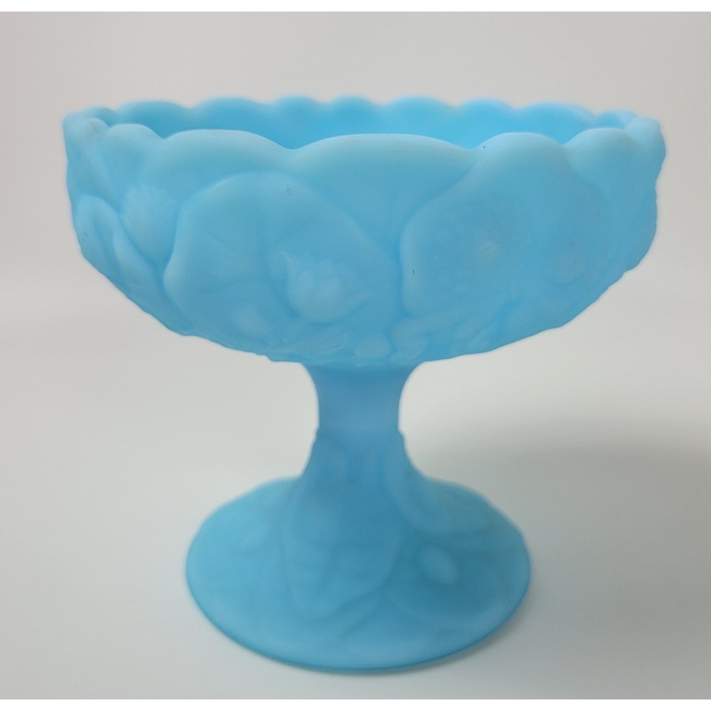 Fenton Blue Satin‎ Glass Water Lily Pedestal Candy Dish Scalloped Compote Bowl